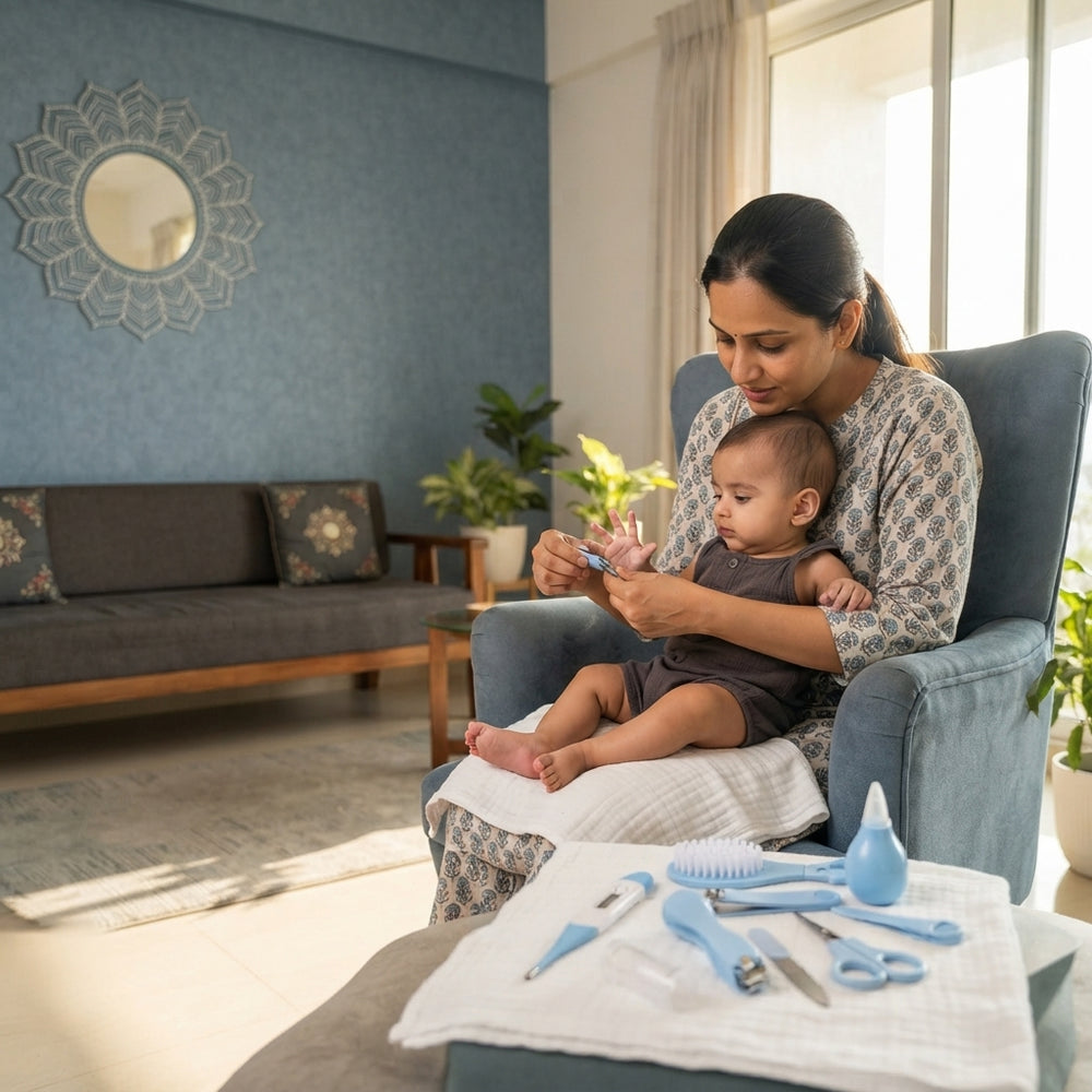 A South Asian mother carefully using baby nail scissors to trim her infant's fingernails in a home setting.
